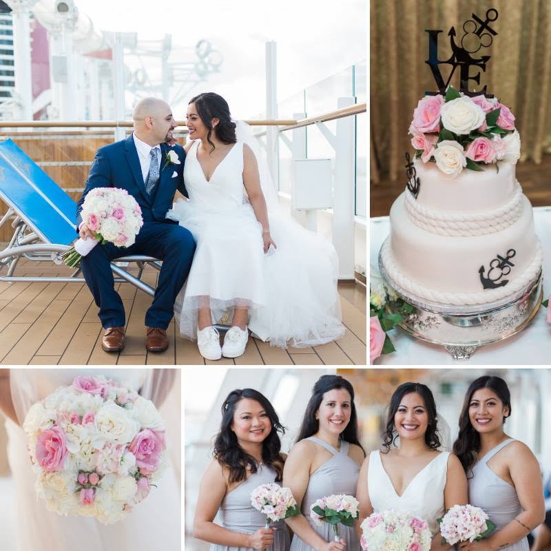 Collage from Laura's Disney Cruise Line wedding: the couple on deck, the nautical wedding cake, the bouquet, and the bride with her bridesmaids